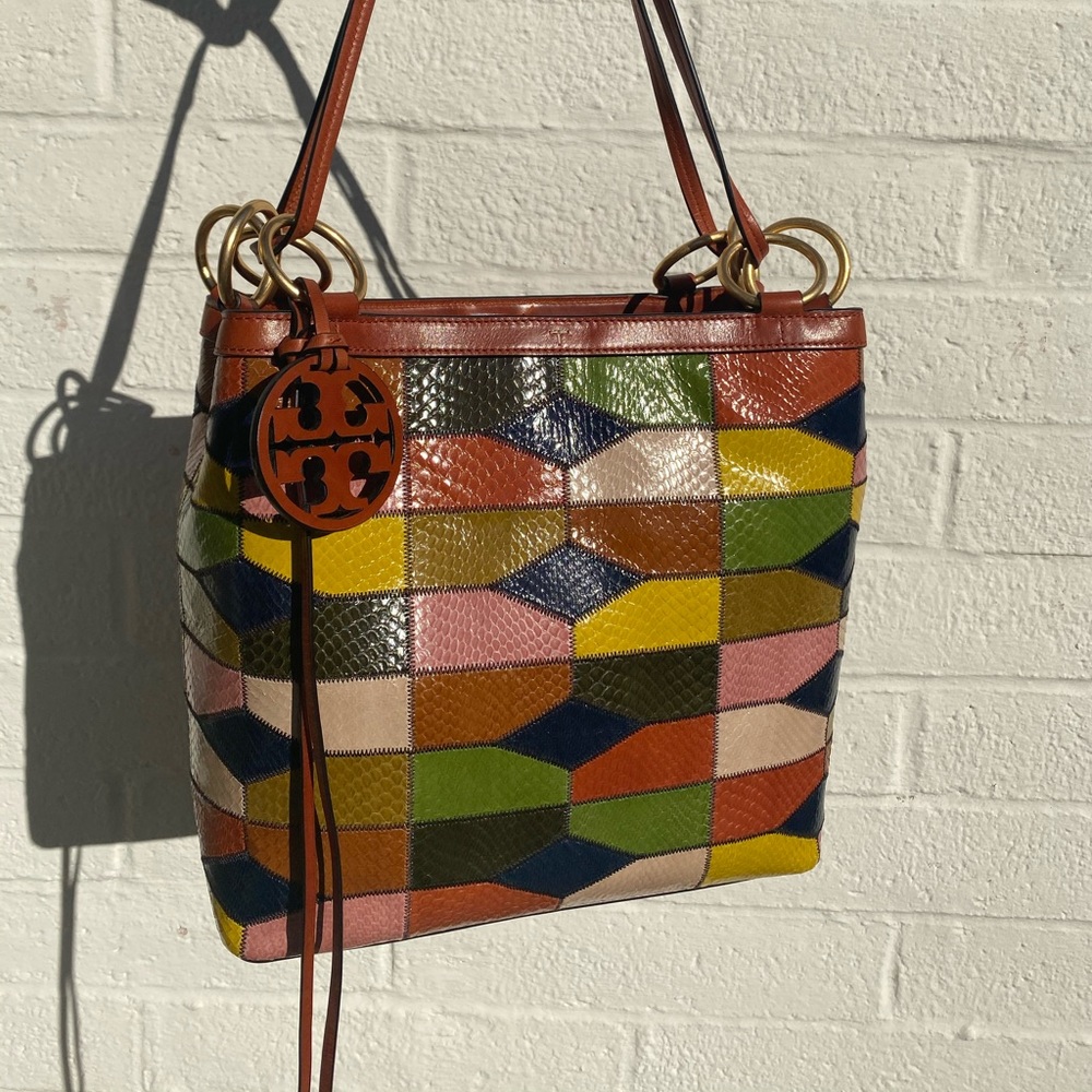 NWT Tory Burch “Farrah” snakeskin patchwork tote
